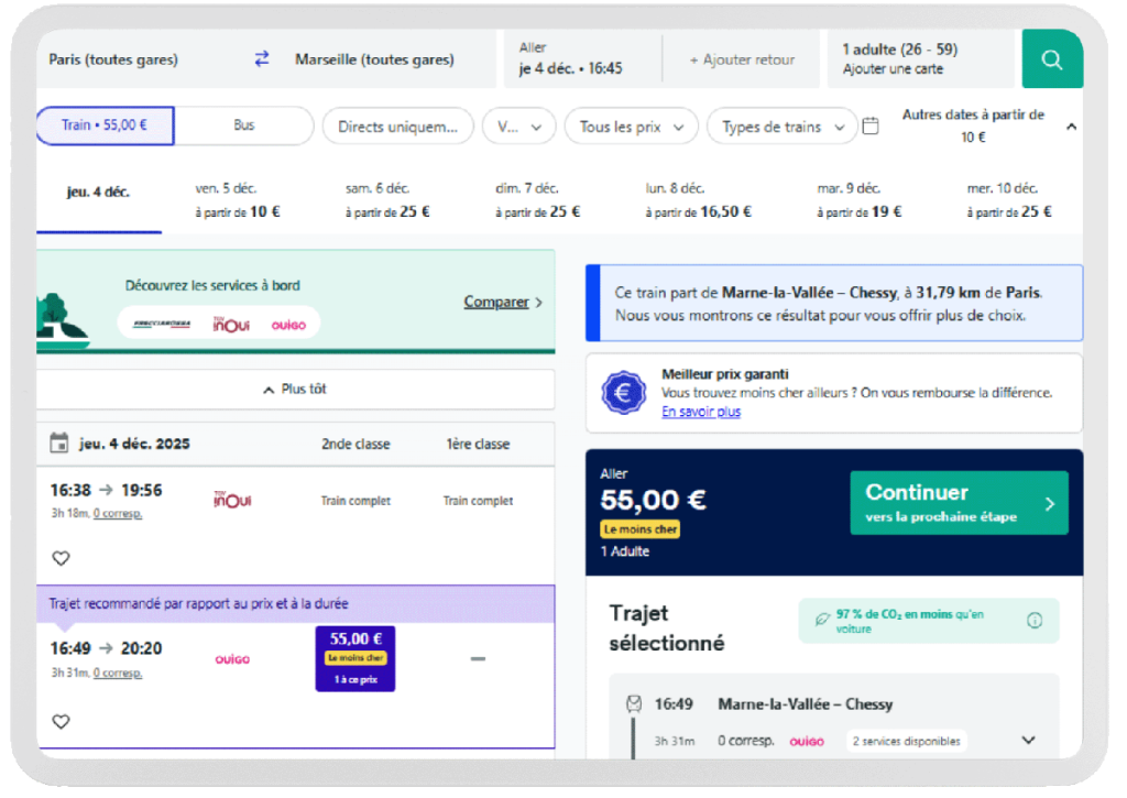 Trainline compare les prix pour une destination en train pour un aller Paris-Marseille.